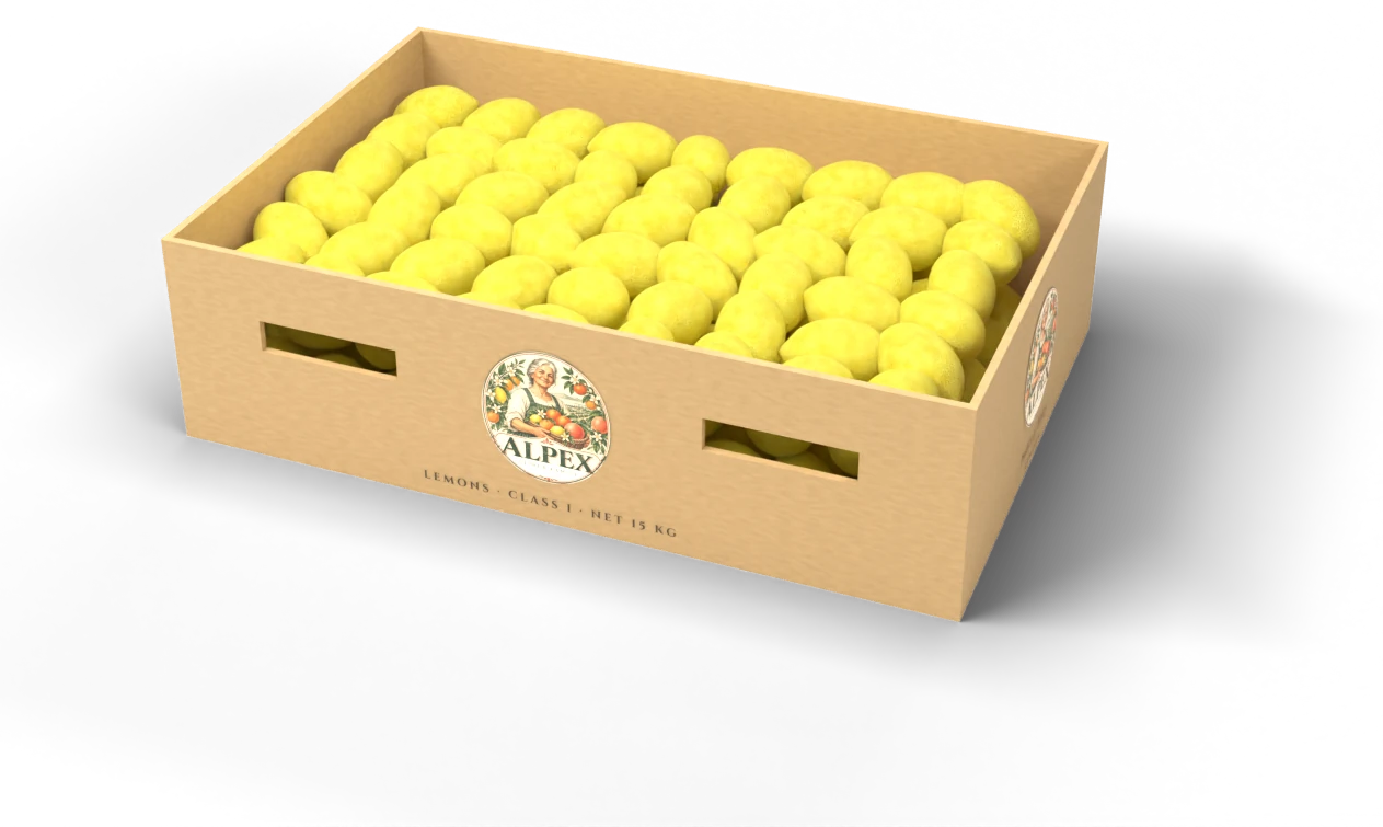 Alpex printed export carton filled with lemons, with the Alpex logo printed on it