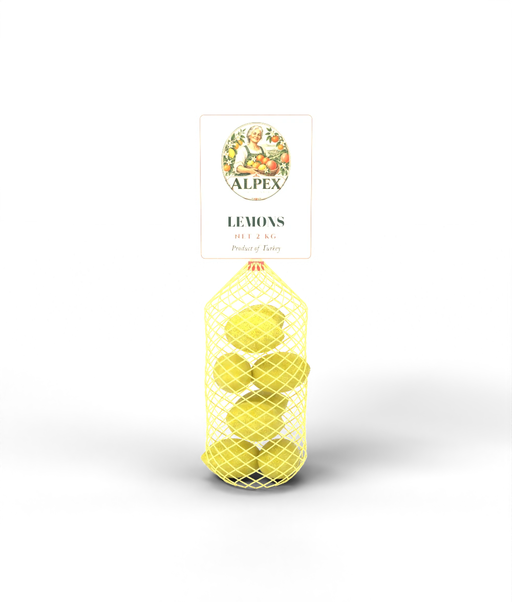 Alpex net bag filled with lemons, with the Alpex logo printed on it