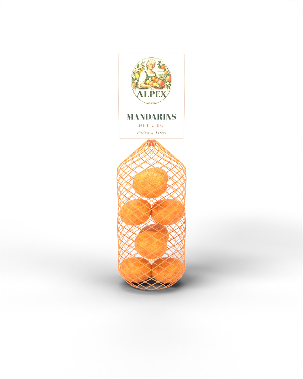 Alpex net bag filled with mandarins, with the Alpex logo printed on it