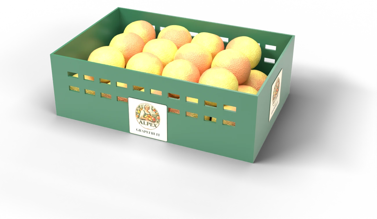 Alpex plastic crate filled with grapefruits, with the Alpex logo printed on it