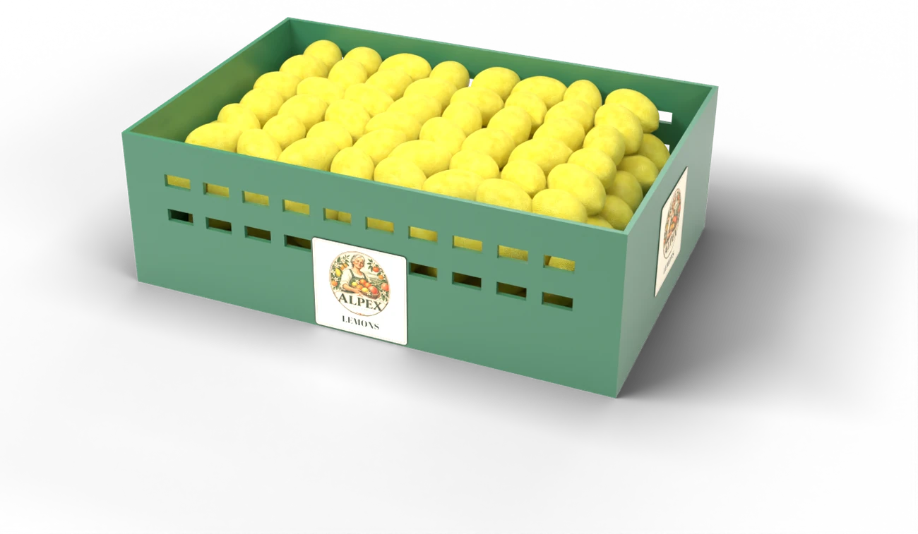 Alpex plastic crate filled with lemons, with the Alpex logo printed on it