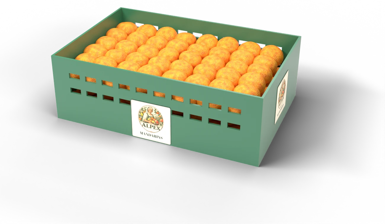 Alpex plastic crate filled with mandarins, with the Alpex logo printed on it