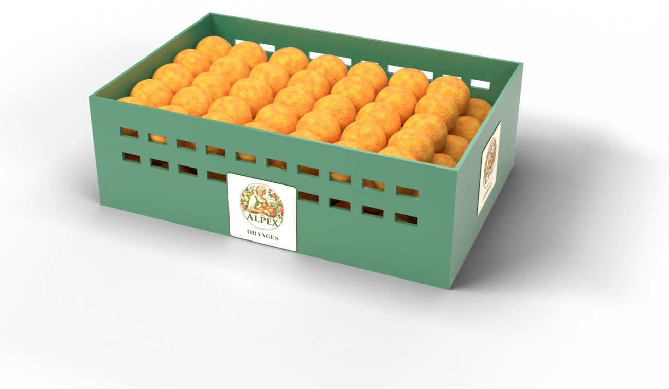 Alpex plastic crate filled with oranges, with the Alpex logo printed on it