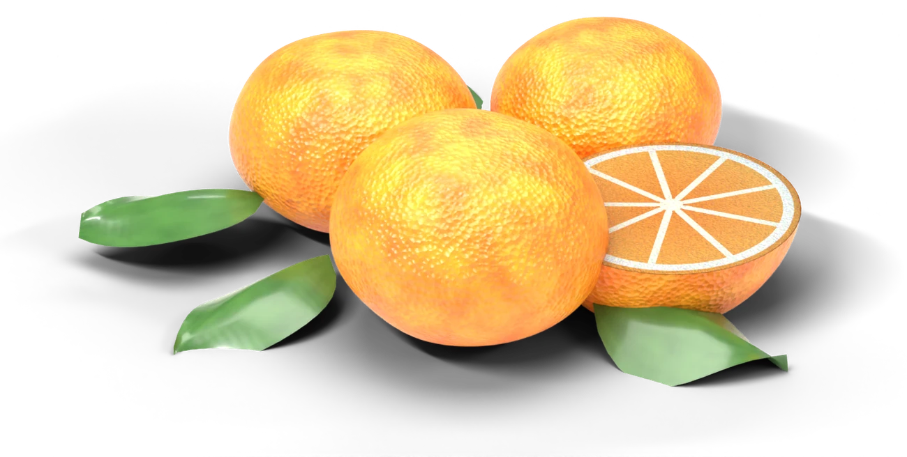 Photorealistic render of mandarins: whole fruit, a halved fruit, leaves and blossom