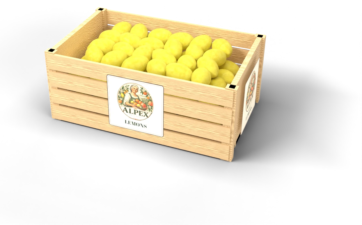 Alpex wooden crate filled with lemons, with the Alpex logo printed on it