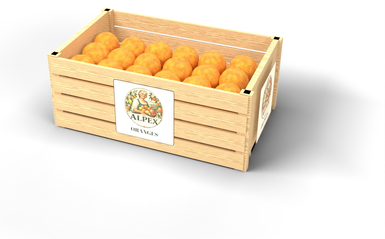 Alpex wooden crate filled with oranges, with the Alpex logo printed on it